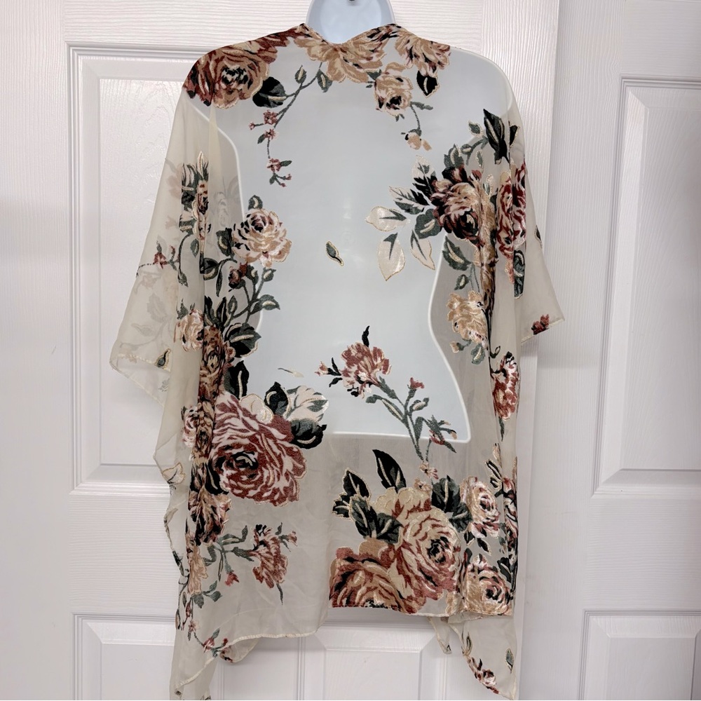 Woven Heart Velvet Floral Kimono Boho Top Open-front Cover Up Wrap OS - Picture 4 of 4